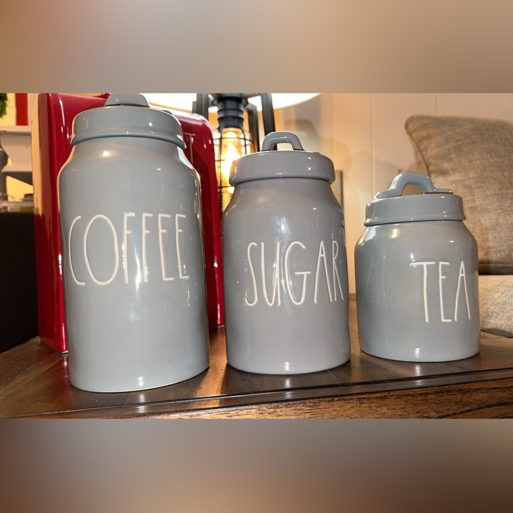 RAE DUNN Gray Ceramic Kitchen Canisters/Jars Set of 3 COFFEE SUGAR TEA w/lids